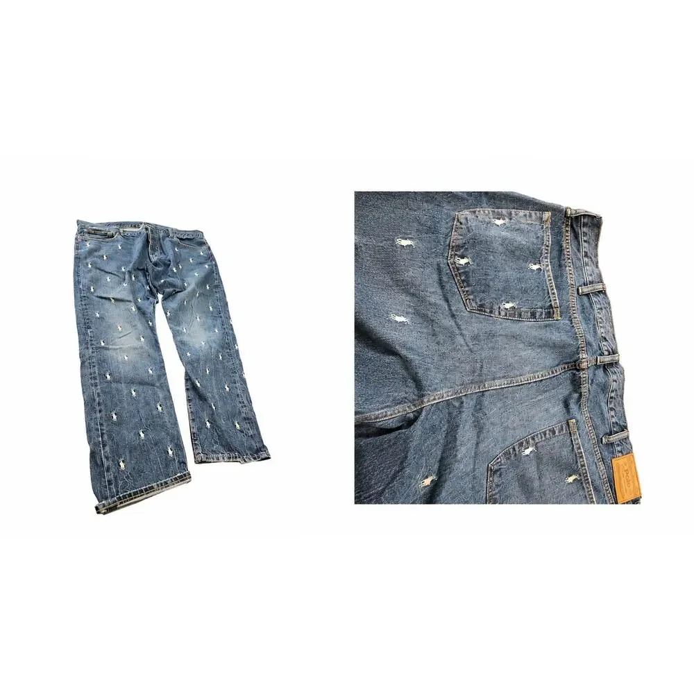 Polo Ralph Lauren Sullivan Slim Jeans 42x32 All-Over Pony Embroidered Dark Wash